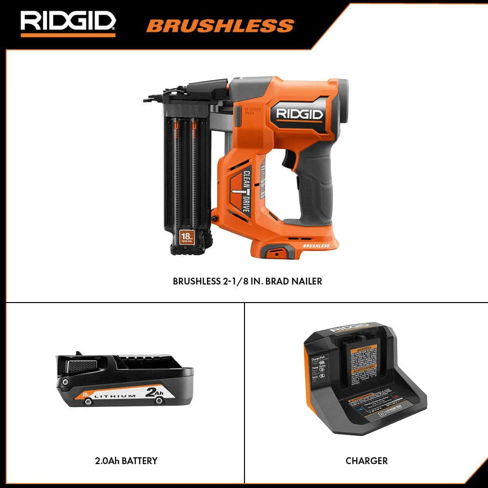 18V Brushless Cordless 18-Gauge 2-1/8 in. Brad Nailer with CLEAN DRIVE Technology with 2.0 Ah Battery and Charger - Image 3