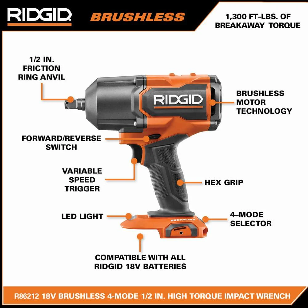 18V Brushless Cordless 4-Mode 1/2 in. High-Torque Impact Wrench Kit with 4.0 Ah Battery and Charger - Image 3