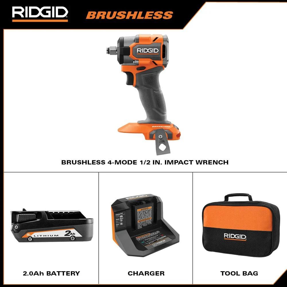 18V SubCompact Brushless Cordless 1/2 in. Impact Wrench Kit with 2.0 Ah Battery, Charger, and Bag - Image 2