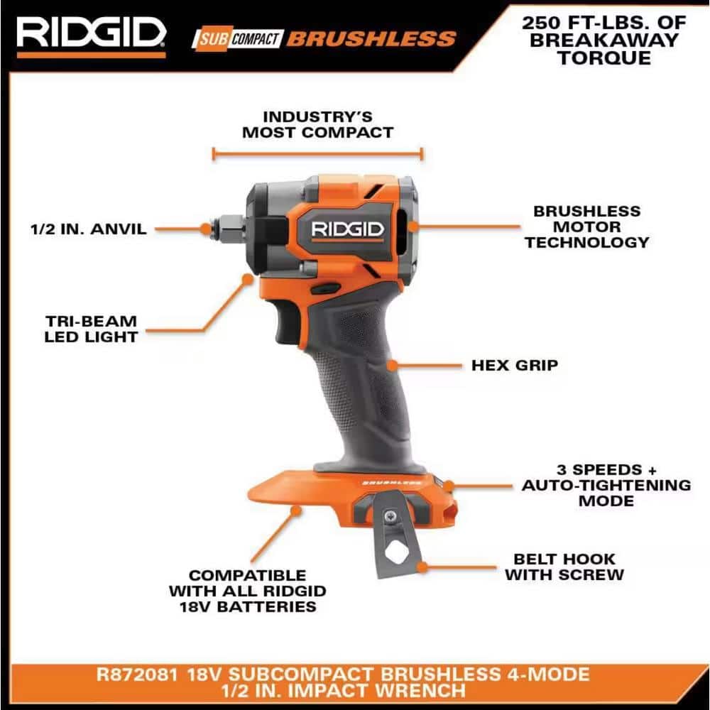 18V SubCompact Brushless Cordless 1/2 in. Impact Wrench Kit with 2.0 Ah Battery, Charger, and Bag - Image 3