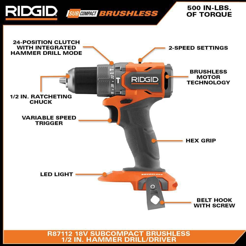 18V SubCompact Brushless Cordless 1/2 in. Hammer Drill Kit with (2) 2.0 Ah Batteries, Charger, and Bag - Image 4