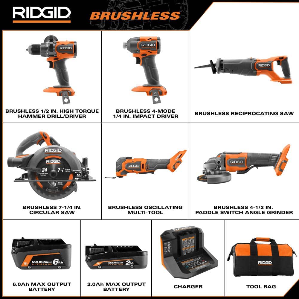 18V Brushless Cordless 6-Tool Combo Kit with 6.0 Ah and 2.0 Ah MAX Output Batteries and Charger - Image 3